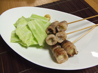 ねぎと豚バラ肉の串焼き