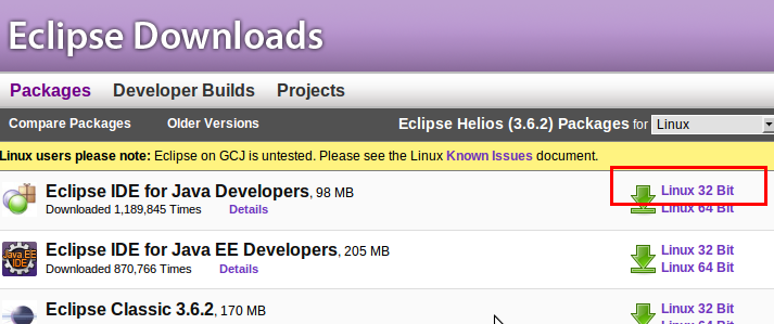 Eclipse IDE for Java Developersの「Linux 32 Bit」をダウンロード